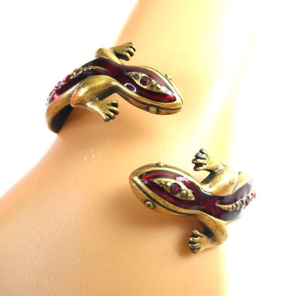 Chico's Lizard Enamel Rhinestone Clamper Cuff Bracelet Sparkly Hinged Figural - Picture 1 of 6